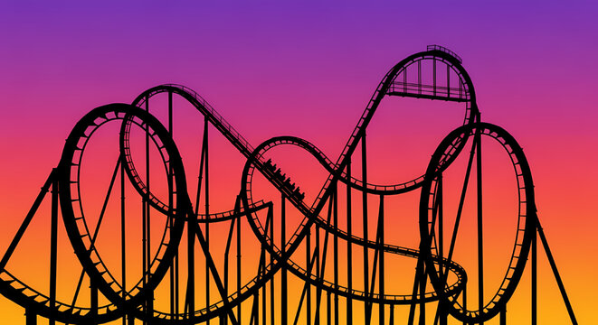 Roller coaster silhouette against a vibrant gradient sunset sky