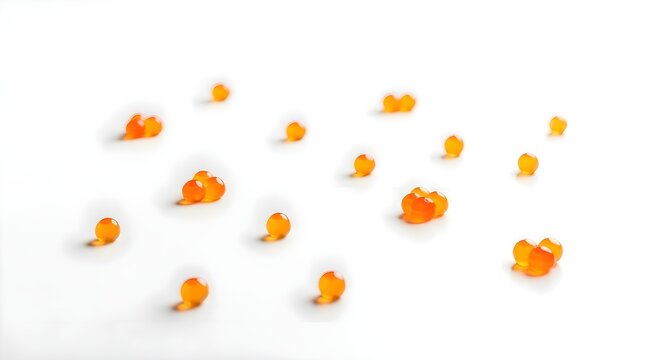Close-up of small orange fish roe eggs scattered on a plain white surface