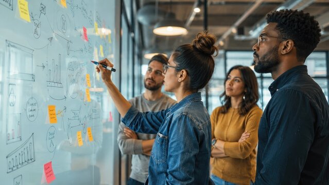 Diverse team collaborating around a glass whiteboard with sticky notes, diagrams and charts during a focused brainstorming and planning session in a modern office