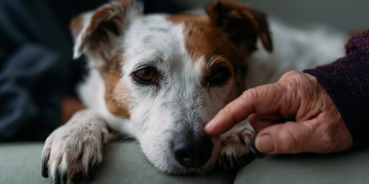 Dog awake receiving gentle touch from elderly hand on couch