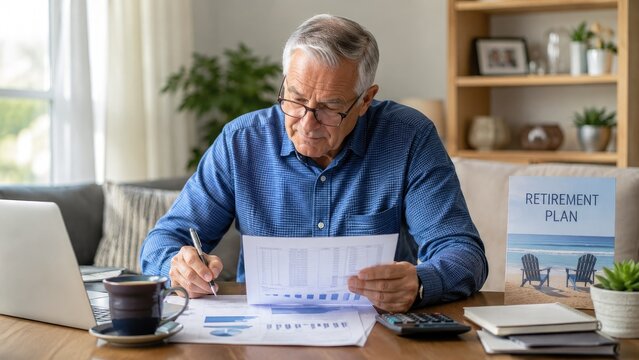 Older man reviewing retirement plan documents at a home desk, calculating finances with laptop, calculator, charts and paperwork
