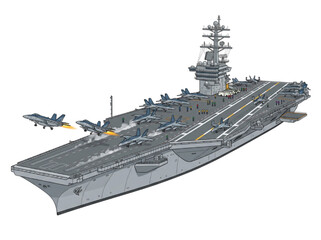 Technical CAD Drawing of a Modern Naval Aircraft Carrier Vessel with Military Fighter Jets Launching from the Flight Deck © kasun