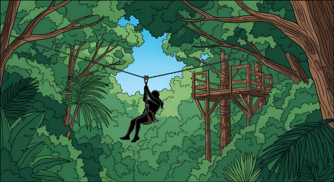 Person riding zip line in jungle canopy