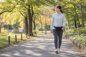 Obraz premium 公園の木陰を歩く女性のウォーキング