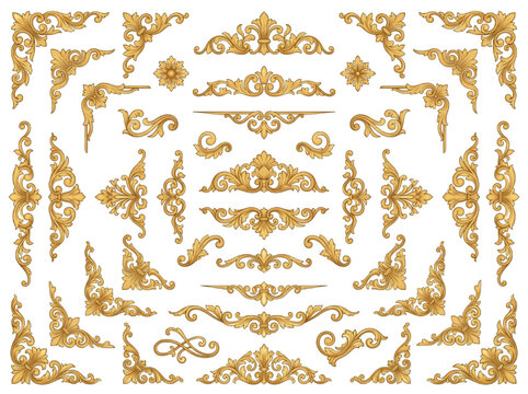 Set of Golden Ornamental Baroque Decorative Elements for CAD Architectural Detailing and Interior Design Projects