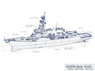 Detailed CAD Technical Schematic Drawing of a Modern Naval Guided Missile Destroyer Warship © kasun