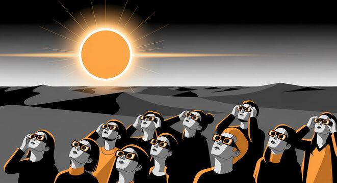 Crowd of people wearing protective eclipse glasses to watch the sun