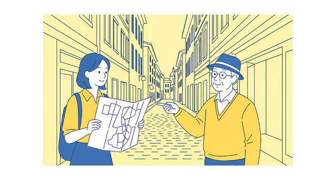 Illustration of a tourist asking for directions on a cobblestone street
