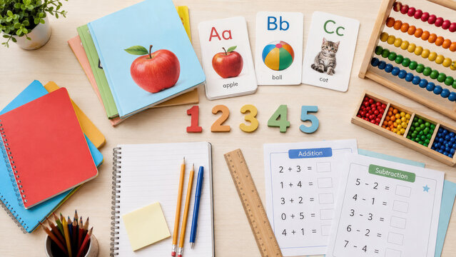Elementary school learning materials on a tabletop: alphabet flashcards, wooden numbers, abacus, math worksheets, notebooks, pencils and colorful stationery