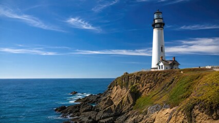 Fototapeta premium White lighthouse on a rocky coastal cliff overlooking the blue ocean under a bright sky