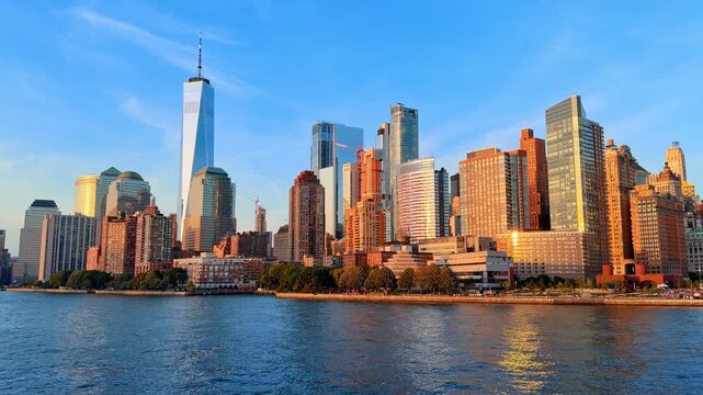 Soft light of sunset covers the facades of the buildings at the East River waterfront. One World Trade Center rises over the skyline. Low angle view from the riverscape.