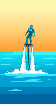 Person flying on a water jet board over the sea at sunset