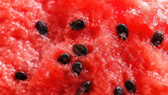 Macro close-up of ripe red watermelon flesh studded with glossy black seeds, showing juicy textured pulp and vibrant summery color