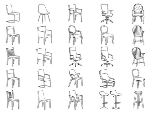 Professional CAD Line Art Illustrations of Diverse Chair Designs and Furniture Sketches for Interior Design