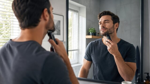 Man shaving with an electric trimmer while looking at his reflection in a bathroom mirror