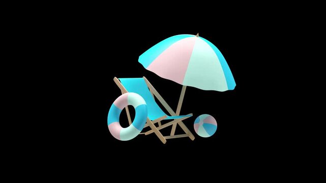 Beach chair with umbrella, lifebuoy and ball rotate together in a minimalist summer seaside scene on a black background, 3D animation