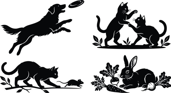 Black silhouette illustration of a dog catching a frisbee with cats rabbits and a mouse in a garden setting
