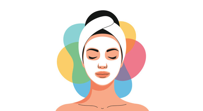 Beautiful woman with a white clay face mask and a towel on her head representing skincare beauty treatments and spa care.