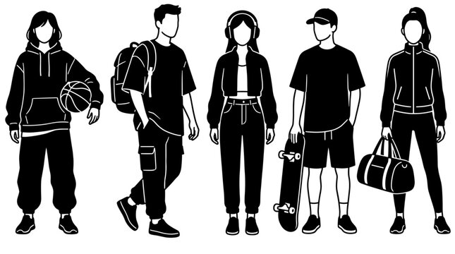 Silhouettes of five individuals dressed in modern, casual, and athletic attire, showcasing various activities and lifestyles.