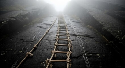 Obraz premium Rope ladder ascending misty rocky mountain path.