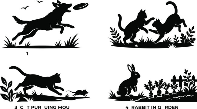 Black silhouette of a dog leaping to catch a frisbee in a grassy field with birds flying overhead white background