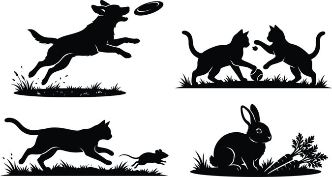 Black silhouette of a dog jumping to catch a frisbee with other animal silhouettes on a white background