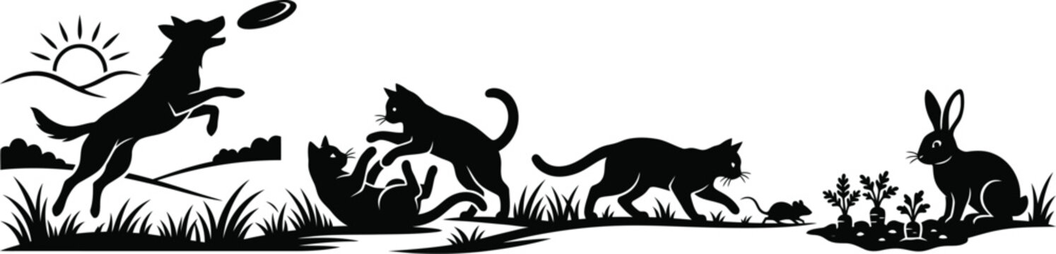 Black silhouette of a dog jumping to catch a frisbee with other animals on a white background playful scene