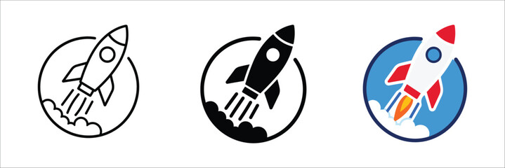 Rocket Launch Badge Icon Set, Startup Success and Space Mission Vector Bundle, Outline Silhouette and Color Rocket Emblem Collection © MdImran