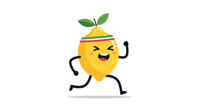 Energetic cartoon lemon character wearing a striped headband and running happily while smiling and sweating against a white background.
