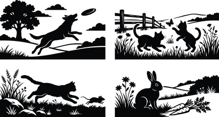 Obraz premium Black and white silhouette illustration of a dog leaping to catch a frisbee in a pastoral landscape setting