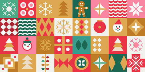 Christmas patchwork pattern with snowflakes trees and gingerbread figures vector illustration © Aduri