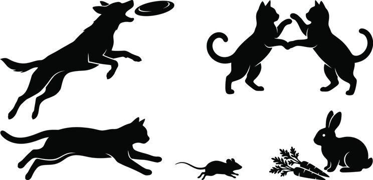 Silhouette of a dog jumping to catch a frisbee with other animal silhouettes on a white background