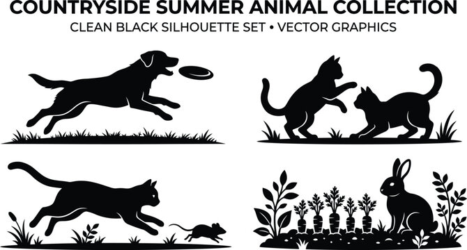 Black silhouette of a dog catching a frisbee with other animals on a white background vector graphics