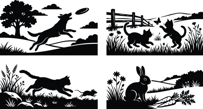 Black and white silhouette illustration of a dog leaping to catch a frisbee in a pastoral landscape setting