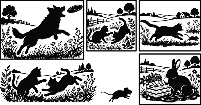 Silhouette of a dog leaping to catch a frisbee in a pastoral scene with trees and fields white background