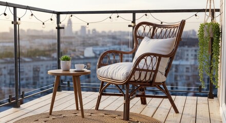 Fototapeta premium Relaxing balcony setting with wicker chair and city view