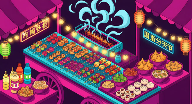 Asian street food market stall with grilled skewers and dim sum