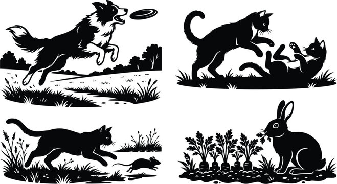 Black silhouette illustration of a border collie jumping to catch a frisbee in a grassy field with other animals