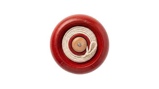 Vintage red wooden spinning top toy with coiled string and central wooden peg detail PNG Isolated on transparent background