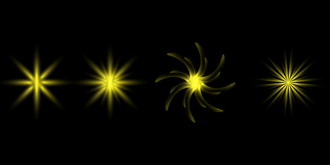 Fototapeta premium Abstract golden lights isolated on a transparent background and yellow sun with rays and glow. Fireworks bursting in the black night sky vector illustration. golden starburst light effect elements