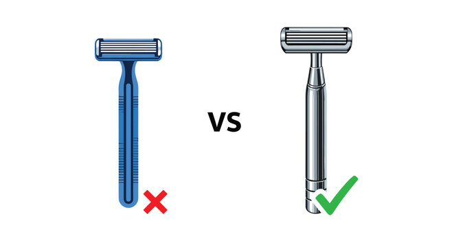 Comparison between a blue plastic disposable razor and a metal safety razor with marks showing the better choice.
