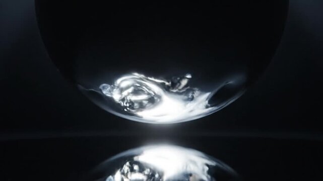 Polished chrome sphere suspended in mid-air above a reflective black mirror surface under a bright overhead spotlight with lens flare in a dark minimalist studio setting.