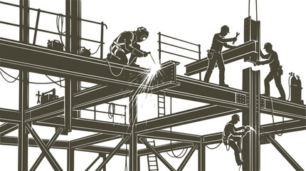 Naklejka premium Construction Crew on Steel Beam Silhouette Vector. Industrial Builders and Welders Working Together, Construction Site Graphic Asset on White Background