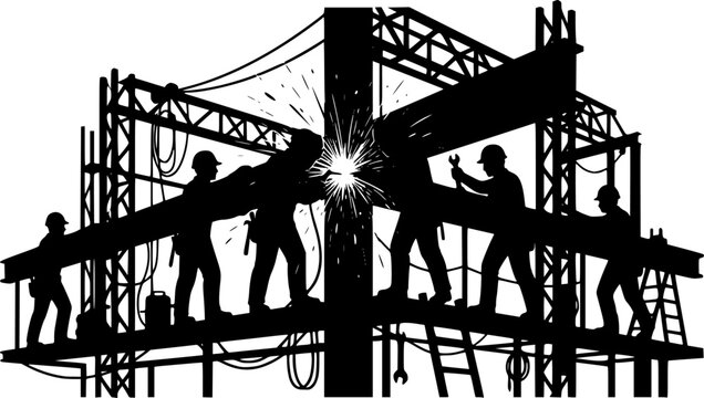 Construction Crew on Steel Beam Silhouette Vector. Industrial Builders and Welders Working Together, Construction Site Graphic Asset on White Background