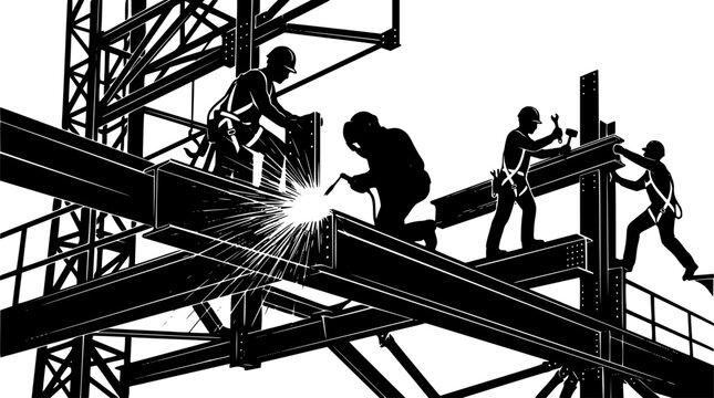 Construction Crew on Steel Beam Silhouette Vector. Industrial Builders and Welders Working Together, Construction Site Graphic Asset on White Background