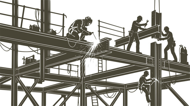 Construction Crew on Steel Beam Silhouette Vector. Industrial Builders and Welders Working Together, Construction Site Graphic Asset on White Background