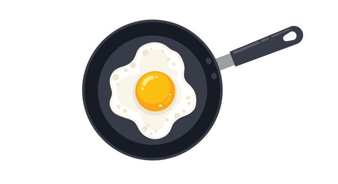 Single fried egg with a bright yellow yolk cooking in a black frying pan viewed from above on a white background for breakfast concept.