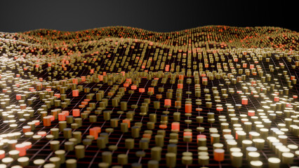 Fototapeta premium Abstract 3D perspective finance landscape with gold coins data nodes. Glowing red and metallic token cylinders on an undulating grid matrix representing crypto crash, risk, and market volatility.