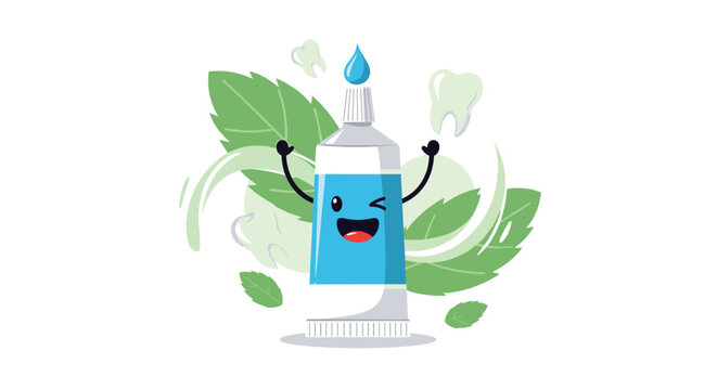 Happy cartoon toothpaste tube character with a winking face and mint leaves in a clean dental hygiene illustration.
