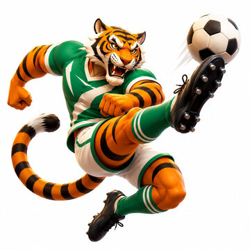 Tiger soccer player kicking ball in a powerful aerial strike. Competitive spirit, athletic excellence and victory concept